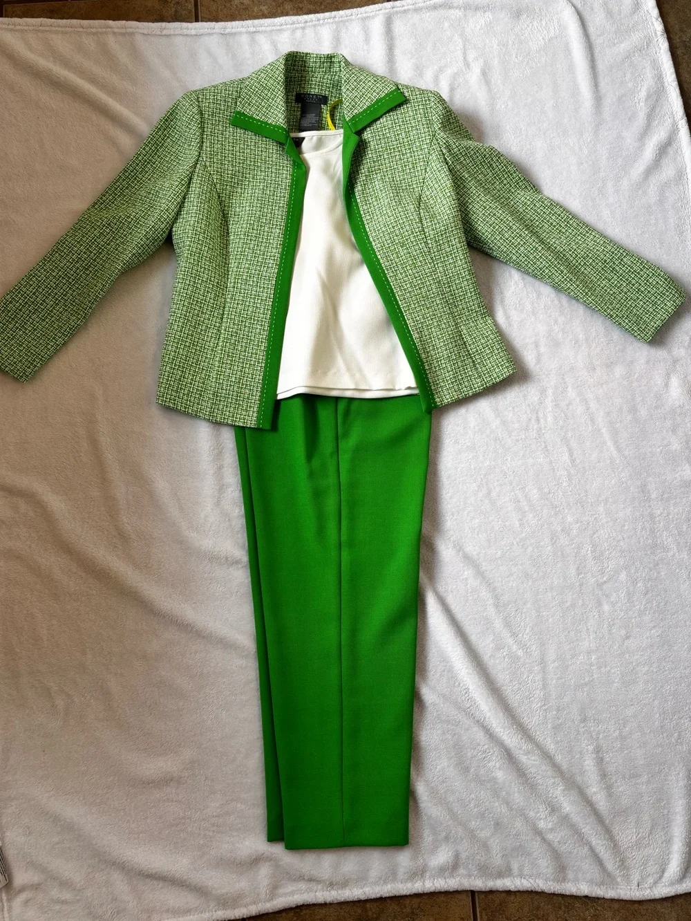 VTG Koret 3 Piece Pantsuit Set Green White Tweed 8P NWT Deadstock Matching Set